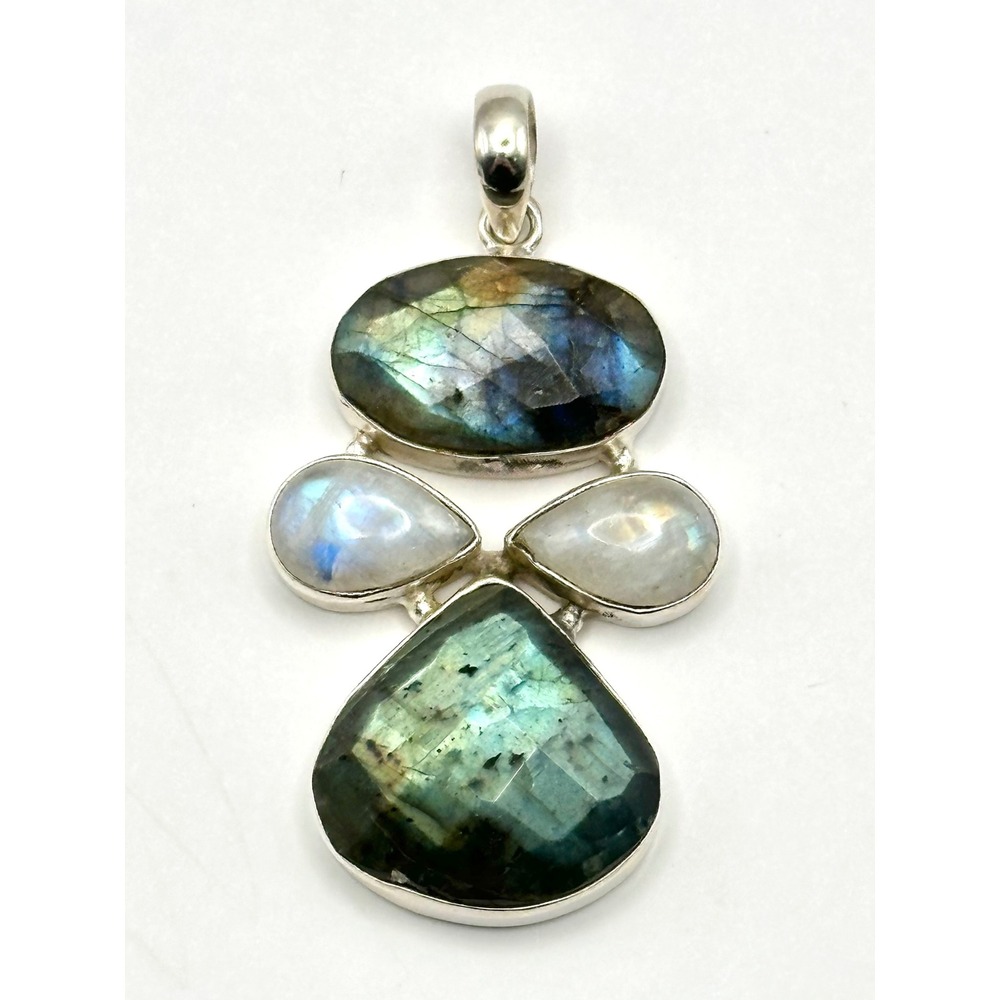 Large Faceted Labradorite & Moonstone Sterling Silver Handmade Pendant‎